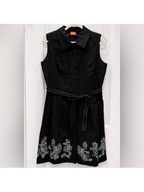 Oscar de la Renta Sleeveless Black Shirt Dress with White Floral Embroidery Sz 4